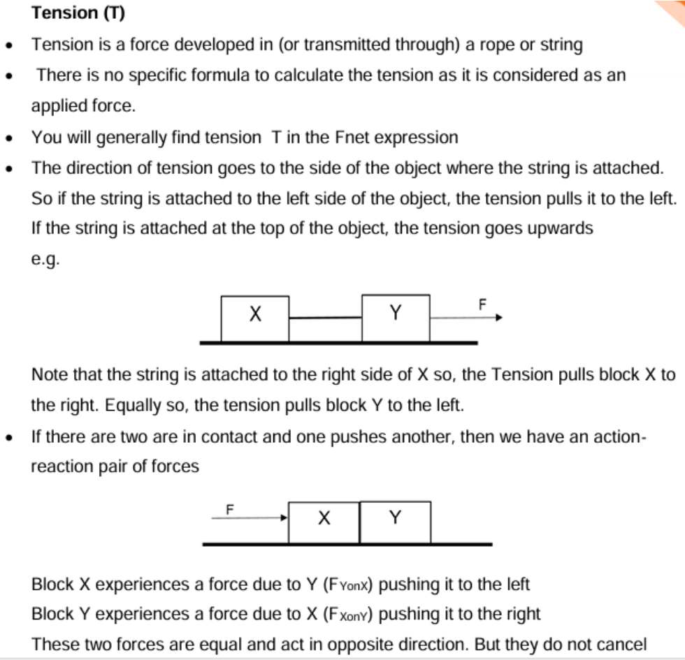 Blocks X and Y joined by a string, and blocks X and Y in contact, pushed by F